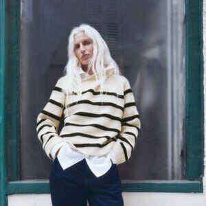 ZARA | Quarter Zip Striped Sweater Black cream Sz S